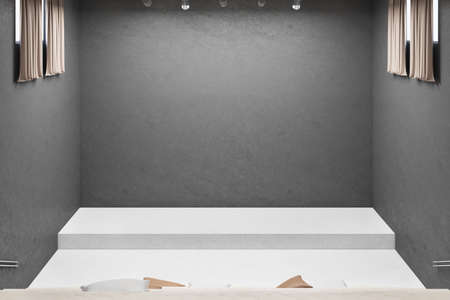 Modern home movie theater with empty mockup on concrete wall, comfortable pillows on stairs seats....