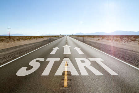 Abstract start road on blue sky horizon background. Career development, startup and success concept