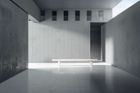 Gray concrete interior with sunlight and empty wall mockup place. Exhibition, art and advertisement...