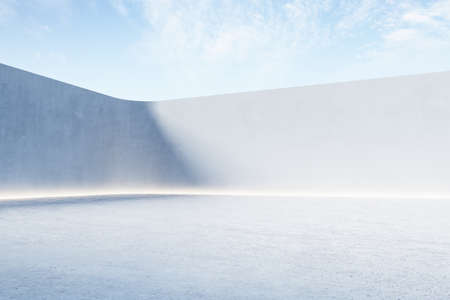 Blank open air presentation stage with glowing light between fence and floor and blue sky on...