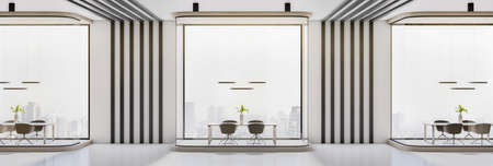 Panoramic conference office room interior with glass partitions, window with city view and daylight....