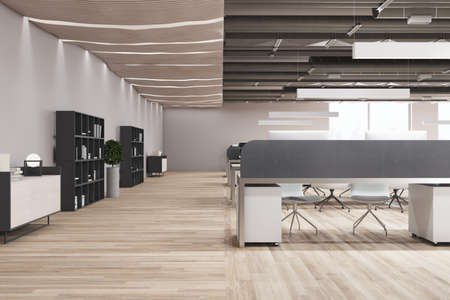 Bright coworking office interior with furniture, concrete walls and wooden flooring. 3D Rendering