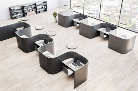 Modern corporate coworking office interior with furniture, wooden and concrete walls and floor,...