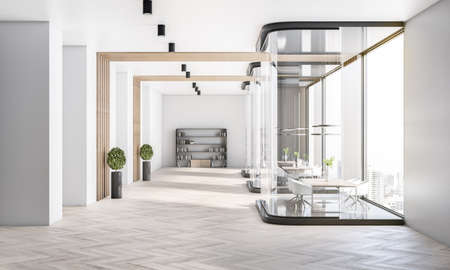 Creative conference office room interior with glass partitions, window with city view and daylight....