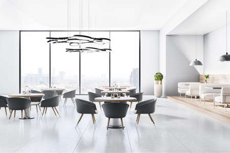 Stylish concrete art deco cafe interior with furniture and window with city view. 3D Rendering