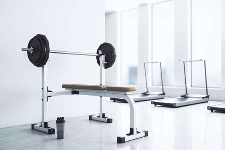 Modern gym interior with equipment, city view and daylight. 3D Rendering