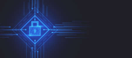 Creative lock interface on blue background with mock up place. Digital security and protection...