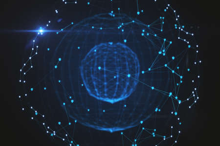 Glowing blue globe on dark background, Global communication and business concept. 3D Rendering
