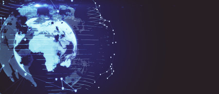 Digitalization concept with digital world map layout surrounded by glowing dots and lines at abstract blank dark background. 3D rendering, mockupの写真素材