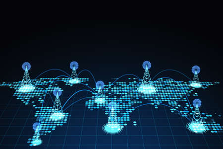 Bright glowing digital map with location pins on blue background. 3D Rendering
