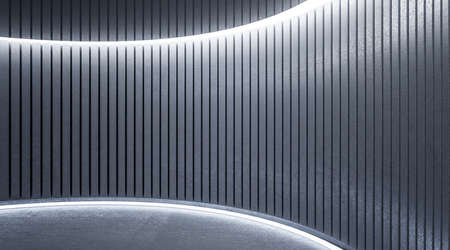 Dark shades stylish stage with copyspace for product presentation and illuminated metallic wall. 3D...