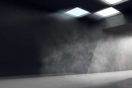 Dark spacious hall with lights from top, tunnel entrance and blank wall for your logo and...