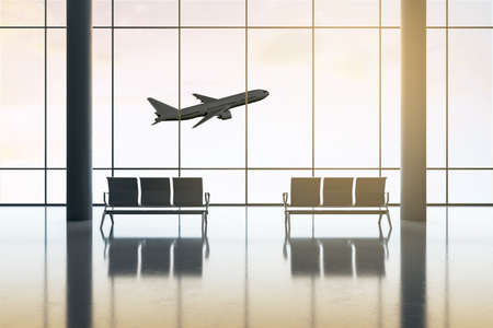 Travel and business trip concept with empty spacious airport hall and taking off plane outside the glass wall. 3D renderingの写真素材