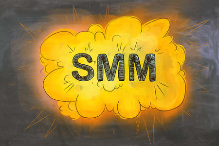 Creative bright SMM sketch on concrete wall background. Social media marketing concept