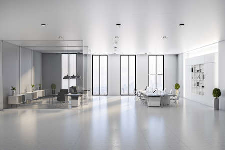 Sunny monochrome style open space office interior design with modern furniture, light ceiling,...