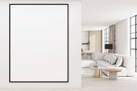 Modern living room interior with comfortable couch, city view with daylight and blank poster on concrete wall. Mock up, 3D Renderingの写真素材