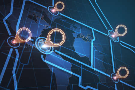 Creative glowing map wallpaper with location pins. Navigation and geolocation concept. 3D Rendering