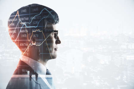 Pensive young businessperson standing on abstract white city background with forex chart and mockup...