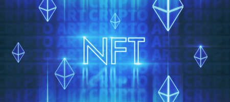 Abstract glowing NFT non fungible token concept on dark blue background. Blockchain and ethereum concept. 3D Renderingの写真素材