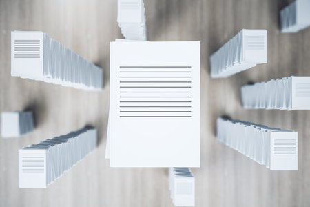 Top view of paperwork stack on wooden background. Workload and bureaucracy concept. 3D Rendering