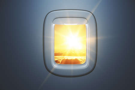 Airplane window with sunset beautiful sky view. Travel and transportation concept. 3D Rendering