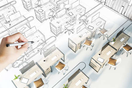 Before and after renovation coworking office interior sketch. Repairs conceptの写真素材
