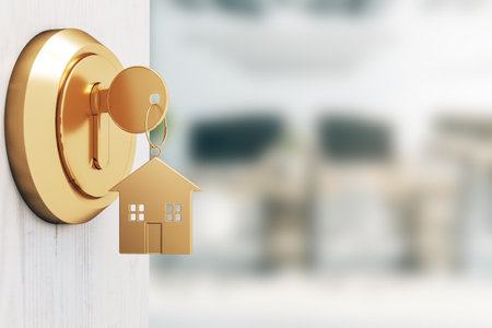 Opening door with golden house key chain on blurry interior background and mock up place for your advertisement. Home purchase concept. 3D Renderingの写真素材