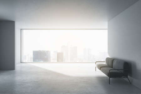 Side view of modern concrete office waiting area with window and city view, comfortable couch. 3D Renderingの写真素材