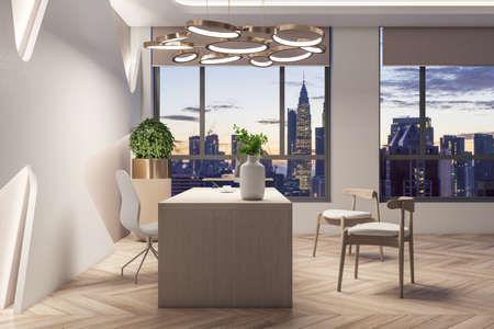 Clean office interior with wooden flooring, desk, equipment and city view. 3D Rendering