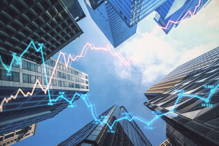 Abstract city backdrop with glowing forex chart. Bottom view. Trade and finance concept. Double...