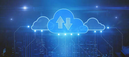 Glowing glowing clouds hologram on dark blue night city background. Cloud computing and download...