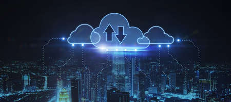 Creative glowing clouds hologram on dark blue night city background. Cloud computing and download...