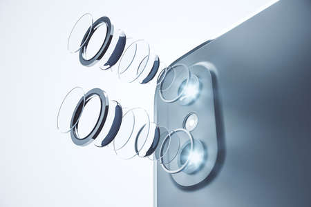 Decomposed smartphone camera lens on white background. Technology, mobile photography and progress...
