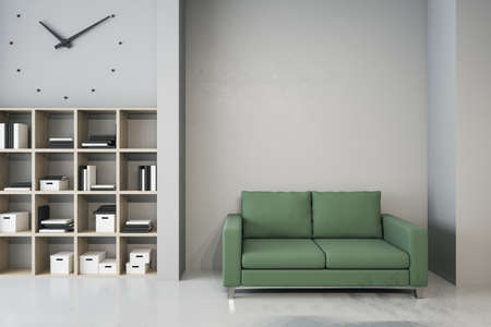 Modern waiting area in office with bookcase, comfortable green couch and mockup place on wall. Mock up, 3D Renderingの写真素材