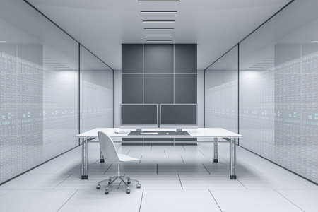 Futuristic server room office interior with desk and empty computer monitors. Technology, data,...