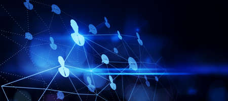 Creative glowing people connections hologram on blue background with mock up place. Online...