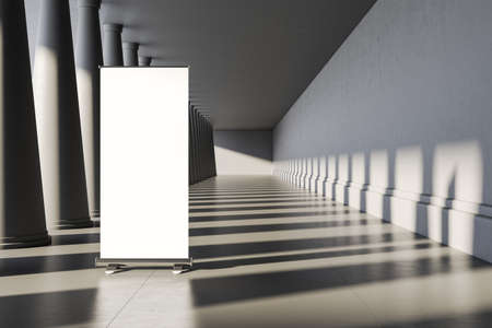 Abstract gray concrete interior with columns and empty poster for your advertisement. Mock up, 3D...