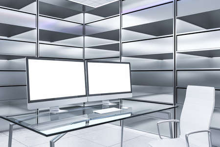 Abstract futuristic office interior with two blank white computer screens on desk and silver...