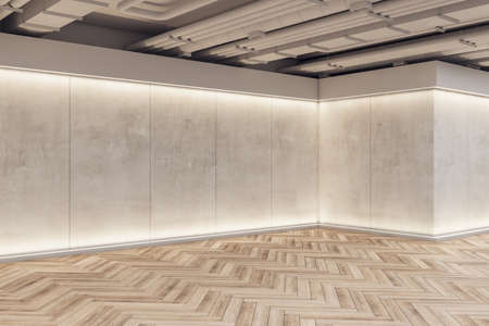 Clean exhibition space concrete interior with mockup place on wall and wooden flooring. Mock up, 3D...
