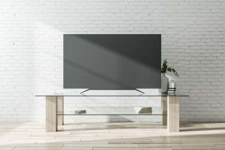 Black TV screen with furniture on brick wall background. Television concept. Mock up, 3D Rendering