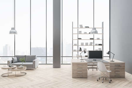 Hipster office interior with panoramic window and bright daytime city view, furniture and equipment. 3D Renderingの写真素材