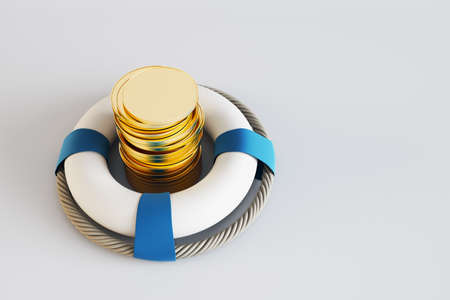 Savings insurance concept with golden coins in white lifebuoy with lifebeltの写真素材