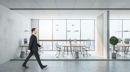 Businessman walking in modern coworking office interior with city view