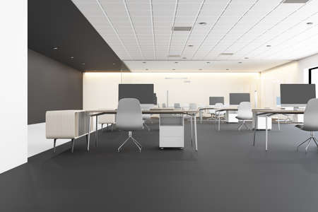 Contemporary concrete coworking office interior with furniture, devices and daylight. Corporate...