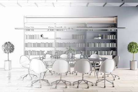 Abstract office interior sketch. Repairs, refurbishment, before and after concept. 3D Rendering