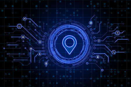 Creative glowing map pin icon on dark blue background with digital circuit. Internet, gps and...