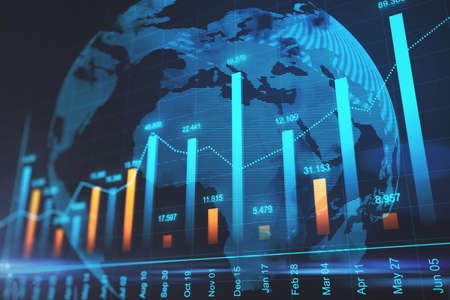 Global financial market concept with forex chart indicators on digital world map background. 3D renderingの写真素材