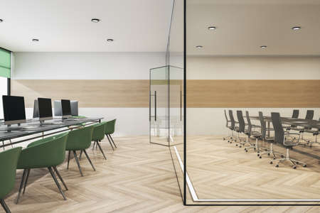 Modern glass conference room office interior with furniture, wooden flooring, equipment and...