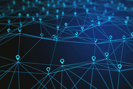 Creative glowing digital mesh with map markers on blue background. Geo position and location...