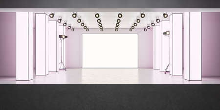 Modern glowing exhibition hall blank frame stage in concrete interior. Museum and gallery concept....